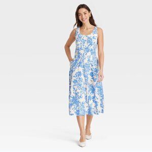 A New Day Size 12 Womens Midi A Line Dress Corset U Neck Pockets Blue Floral